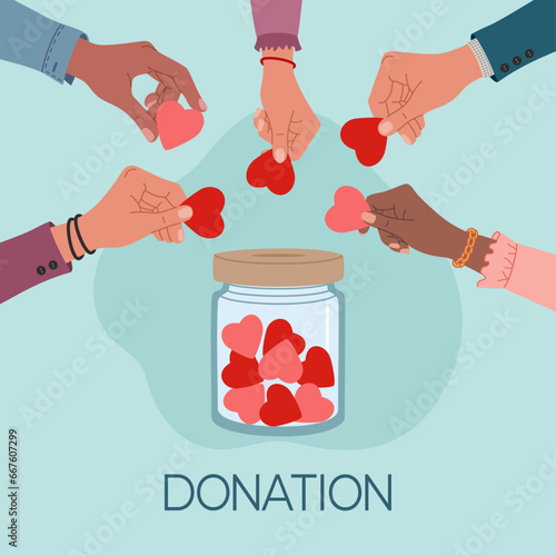 Diverse male and female hands putting red hearts in glass jar. Charity and donation concept. Hand drawn vector illustration isolated on blue background, modern flat cartoon style.