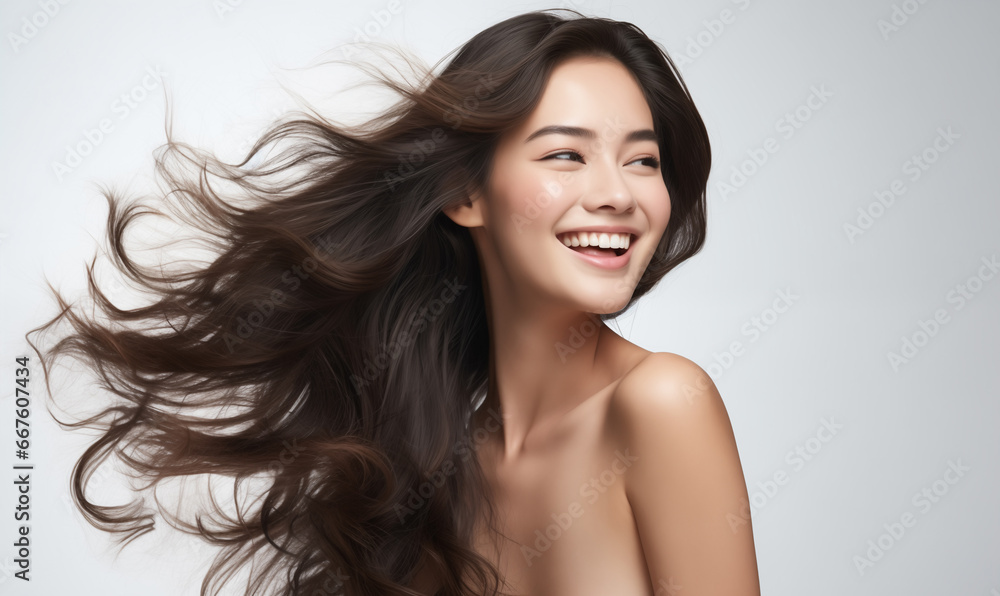 Portrait of a beautiful Asian woman with flowing black hair. Bright smile, shampoo advertising concept Hair conditioner and cosmetic products, Generation AI Portrait of a beautiful Asian woman with flowing black hair. Bright smile, shampoo advertising concept Hair conditioner and cosmetic products, Generation AI