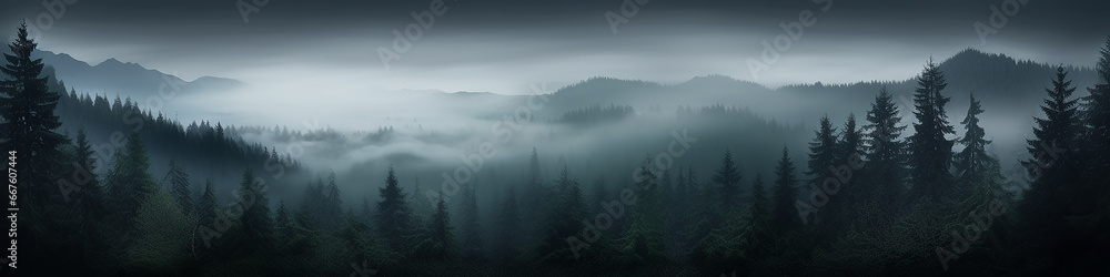 a long narrow panorama of a coniferous northern forest in the fog of an autumn day, a landscape of wildlife