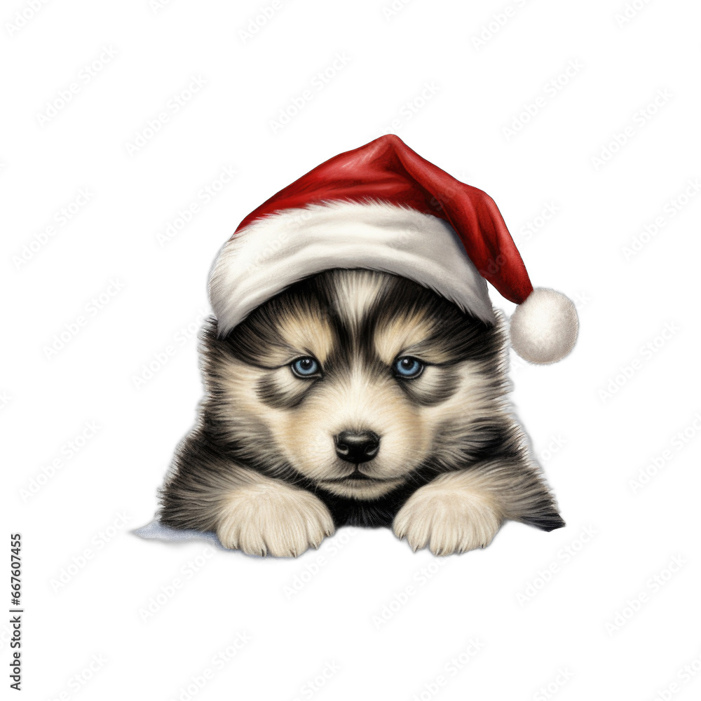 Alaskan Malamute puppy wearing Santa Hat isolated on transparent background Alaskan Malamute puppy wearing Santa Hat isolated on transparent background