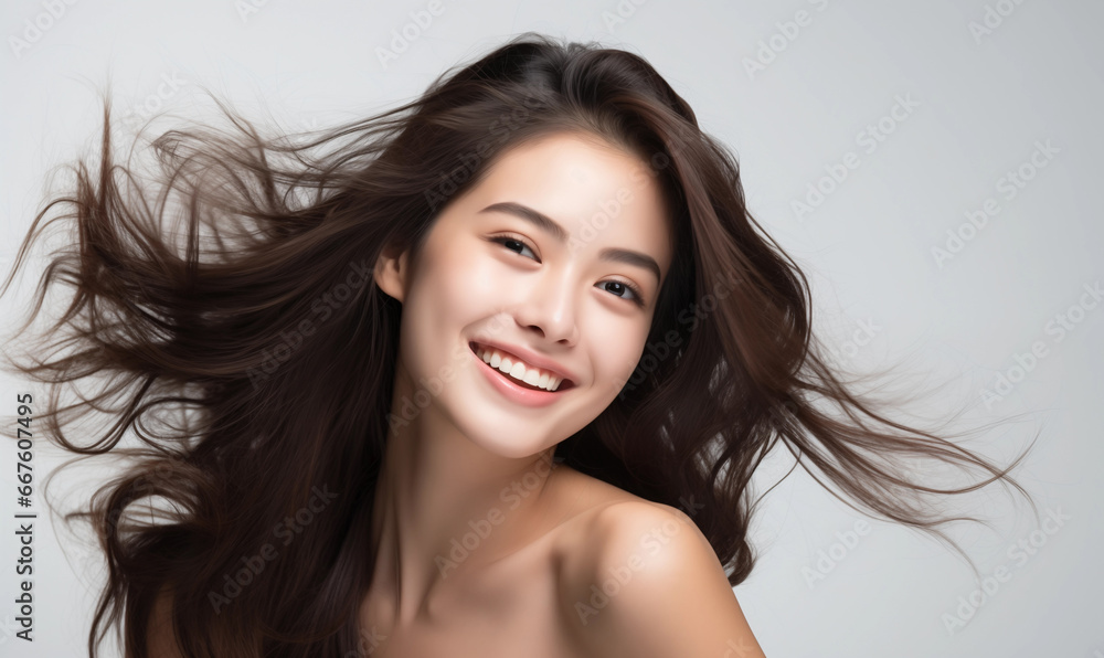 Portrait of a beautiful Asian woman with flowing black hair. Bright smile, shampoo advertising concept Hair conditioner and cosmetic products, Generation AI Portrait of a beautiful Asian woman with flowing black hair. Bright smile, shampoo advertising concept Hair conditioner and cosmetic products, Generation AI