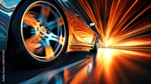 Close-up of wheel of fast sports car on road with neon light. © visoot