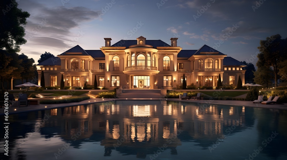 Panoramic view of luxury home with swimming pool at dusk.