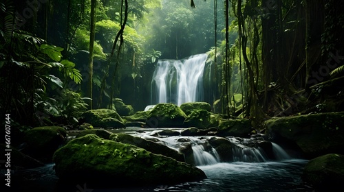 Waterfall in deep tropical rainforest. Panoramic view.