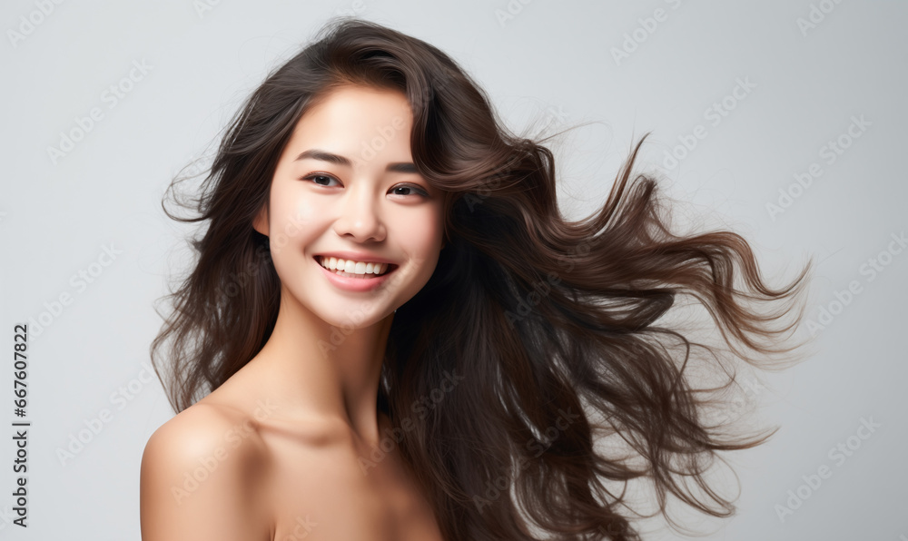 Portrait of a beautiful Asian woman with flowing black hair. Bright smile, shampoo advertising concept Hair conditioner and cosmetic products, Generation AI Portrait of a beautiful Asian woman with flowing black hair. Bright smile, shampoo advertising concept Hair conditioner and cosmetic products, Generation AI