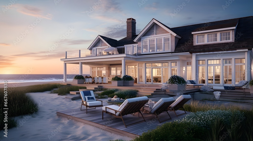 Panorama of a luxury house on the beach in the evening.