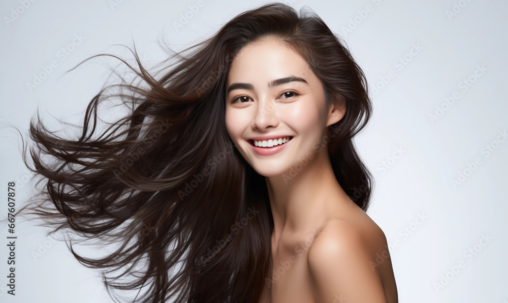 Portrait of a beautiful Asian woman with flowing black hair. Bright smile, shampoo advertising concept Hair conditioner and cosmetic products, Generation AI Portrait of a beautiful Asian woman with flowing black hair. Bright smile, shampoo advertising concept Hair conditioner and cosmetic products, Generation AI