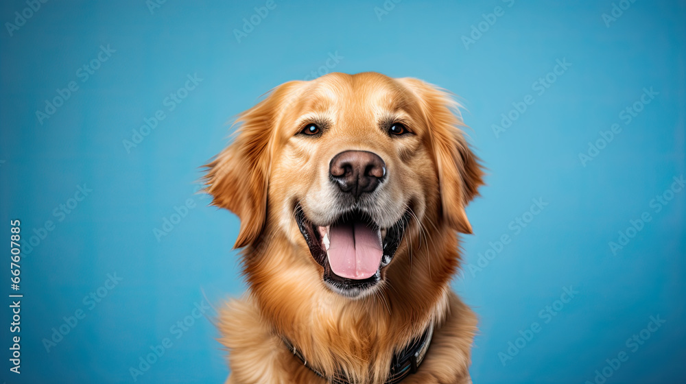 Golden retriever dog on a blue background 