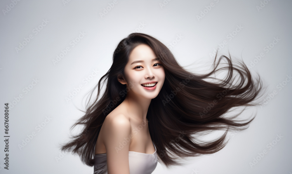 Portrait of a beautiful Asian woman with flowing black hair. Bright smile, shampoo advertising concept Hair conditioner and cosmetic products, Generation AI Portrait of a beautiful Asian woman with flowing black hair. Bright smile, shampoo advertising concept Hair conditioner and cosmetic products, Generation AI