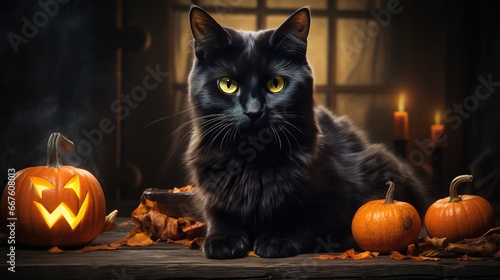 Halloween theme: black cat sitting next to pumpkins, AI generated