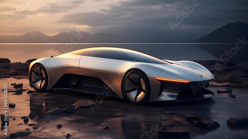 3D rendering of a brand-less generic concept car in the sea