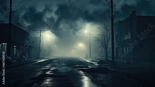 Dark gloomy empty street, smoke, smog.