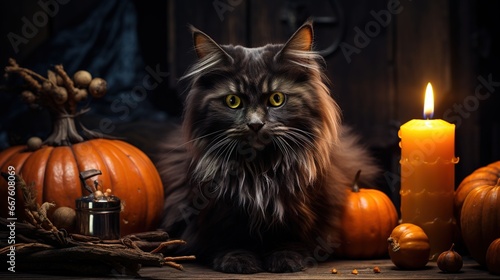 Halloween theme: black cat sitting next to pumpkins, AI generated