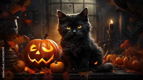 Halloween theme  black cat sitting next to pumpkins  AI generated