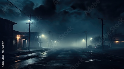 Dark gloomy empty street, smoke, smog.