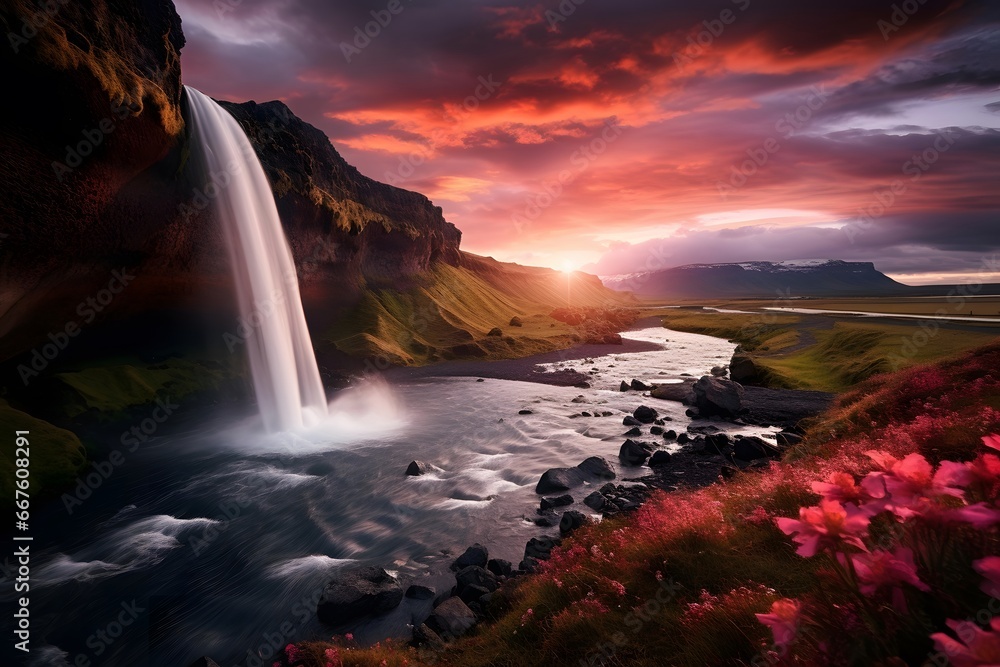 Seljalandsfoss waterfall at sunset, Iceland, Europe