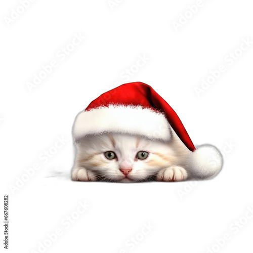 Turkish Van kitten wearing Santa Hat isolated on transparent background