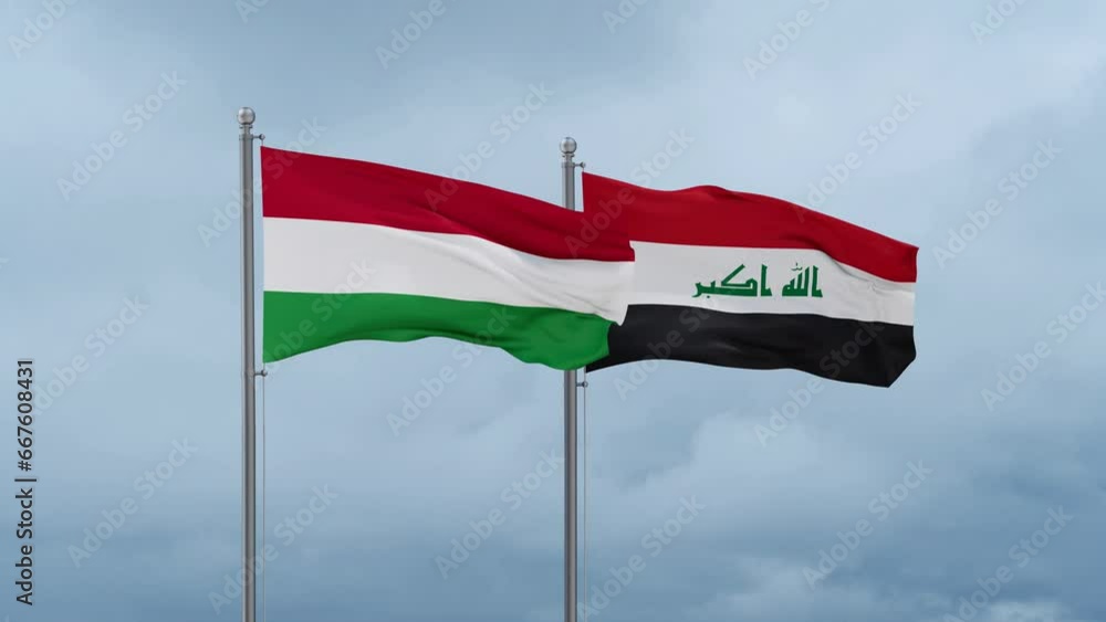 Iraq flag and Hungary flag waving together on blue sky, looped video Iraq flag and Hungary flag waving together on blue sky, looped video