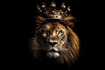 Foto auf Leinwand Löwe lion head with golden king crown on black background  © ronstik