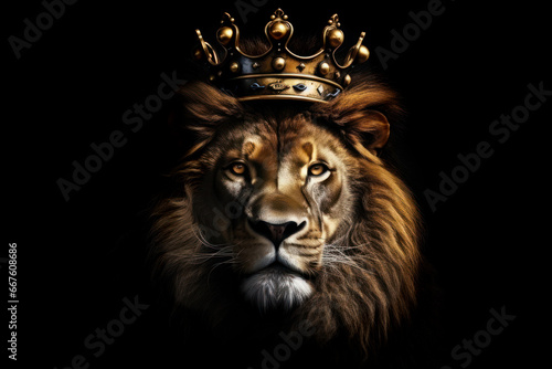 lion head with golden king crown on black background