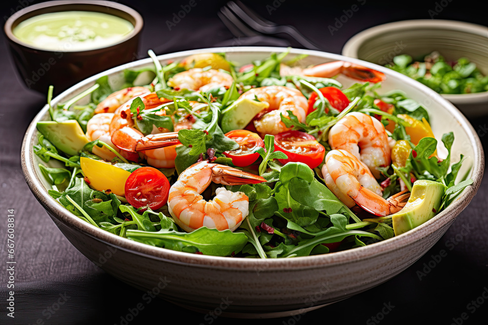 Shrimp kebab roasted on skewers and fresh vegetable salad 