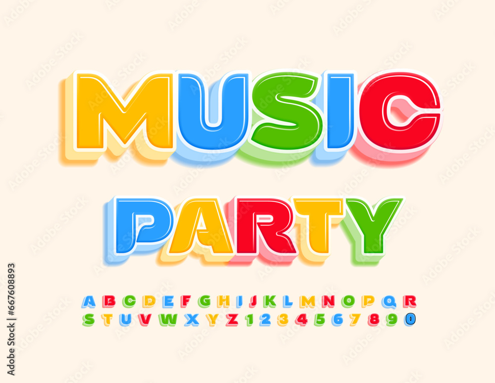 Vector colorful banner Music Party. Bright Children's 3D Font. Trendy Alphabet Letters and Numbers.