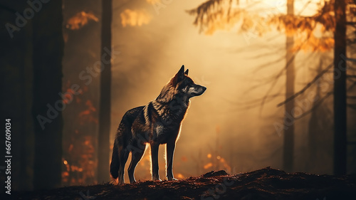 silhouette of a wolf in a misty autumn forest landscape view of wildlife