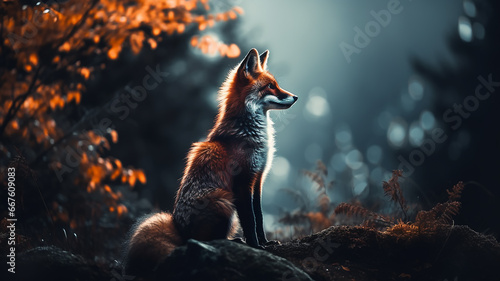 fox silhouette in misty autumn forest landscape wildlife view