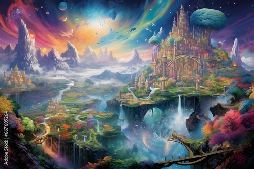 Fantasy landscape with a waterfall and a fantasy forest. Digital painting