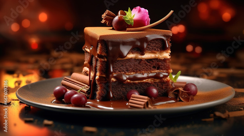 Decorated Chocolate Cake Peace on Dark Themed Background Selective Focus