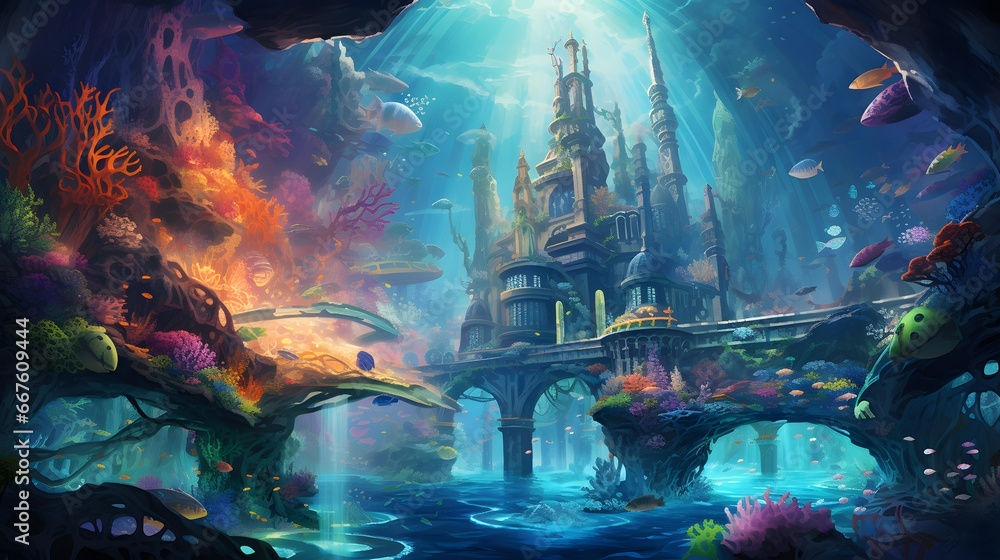 Illustration of a beautiful underwater world with a lot of fish and a ship