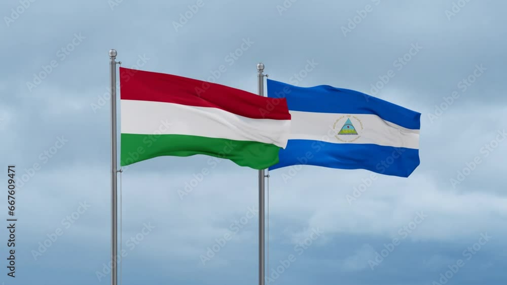 Nicaragua flag and Hungary flag waving together on cloudy sky, endless seamless loop, two country relations concept Nicaragua flag and Hungary flag waving together on cloudy sky, endless seamless loop, two country relations concept