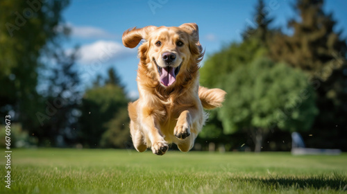 happy golden retriever jumping on the lawn at a sunny day