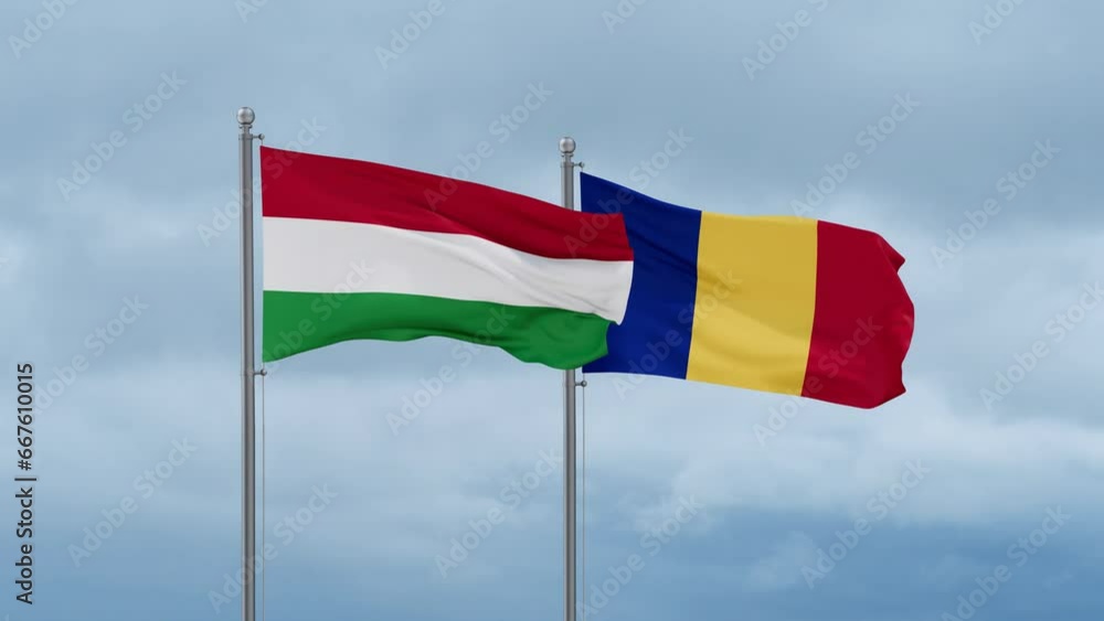Romania and Hungary flag waving together on cloudy sky, endless seamless loop, two country cooperation concept Romania and Hungary flag waving together on cloudy sky, endless seamless loop, two country cooperation concept