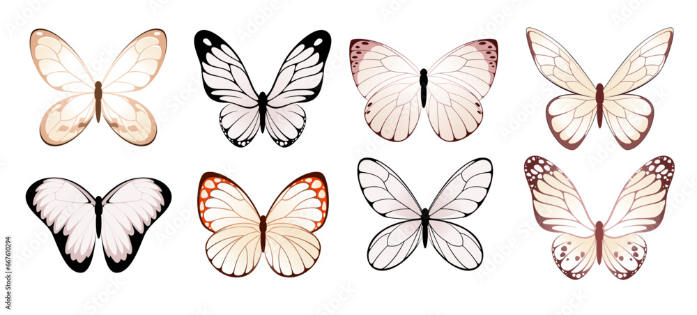 A set of light butterflies on a white background.
A set of light butterflies on a white background.