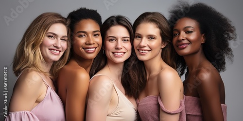 Girls in the studio on a beige background to promote skin care products