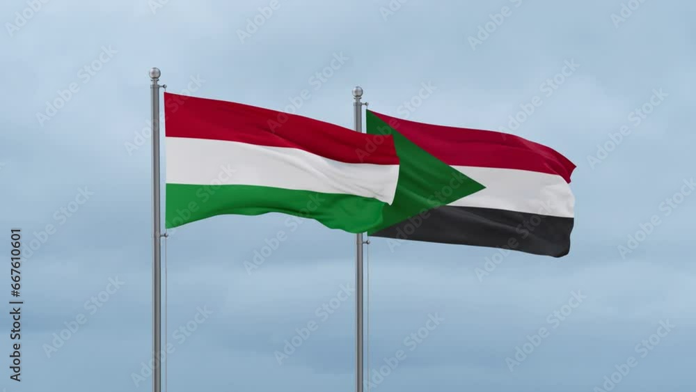 Sudan and Hungary flag waving together on cloudy sky, endless seamless loop, two country cooperation concept Sudan and Hungary flag waving together on cloudy sky, endless seamless loop, two country cooperation concept