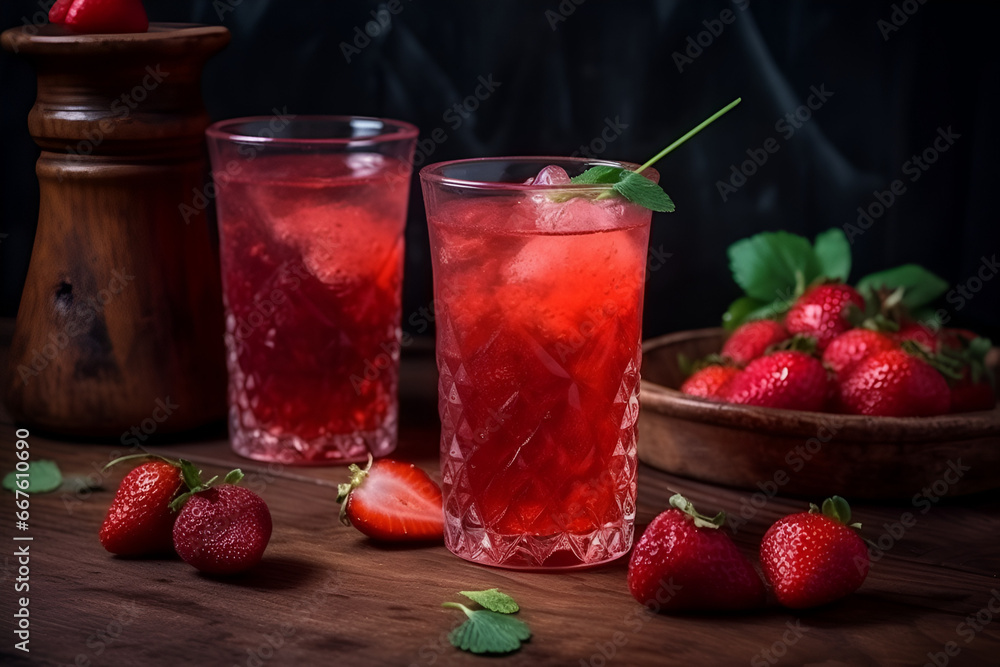Fresh Strawberry Cocktail on Wooden Table, fresh Strawberry drink | Ai generated Fresh Strawberry Cocktail on Wooden Table, fresh Strawberry drink | Ai generated