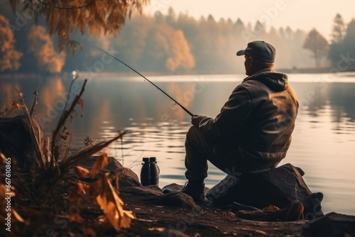 Fisherman with a fishing rod on the river bank. A man enjoys the process of fishing against the backdrop of a beautiful landscape.