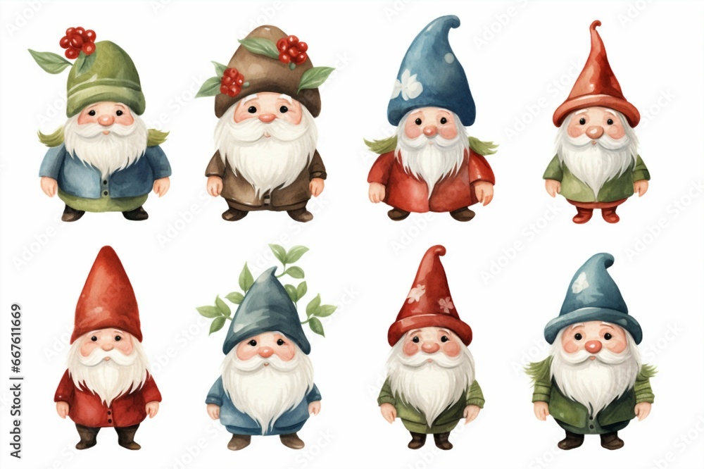 Set of christmas scandinavian gnomes. Hand drawing watercolor illustration. Created with Generative AI technology
