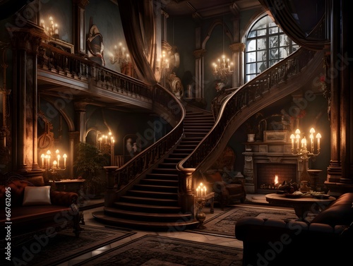Interior of the church. Stairs and candles. 3D rendering