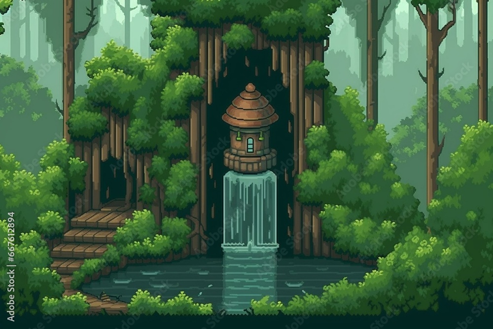 Retro pixel art wishing well within a fantasy forest background for an ...