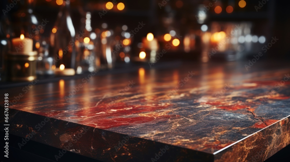 A dark, polished marble table top with striking red veins set against a softly lit background with ambient candlelight, exuding luxury and style