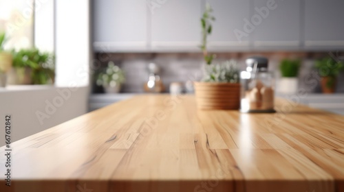  Modern kitchen interior with a focus on a wooden countertop, blurred background with plants and spice shakers, warm and inviting