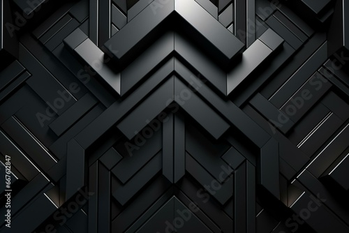 Abstract 3D wall with futuristic tiles. Black, polished blocks in arabesque pattern. 3D render. Generative AI