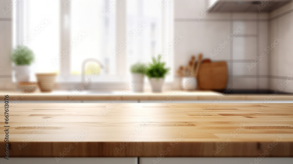 Warm kitchen interior with a sunlit wooden countertop and a blurred background featuring green plants and modern decor