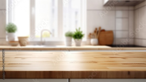 Warm kitchen interior with a sunlit wooden countertop and a blurred background featuring green plants and modern decor
