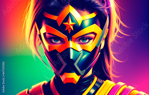 Portrait of a handsome young woman in superhero costume and wearing a mask