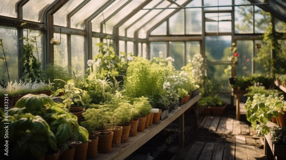 Lush herb garden in greenhouse.