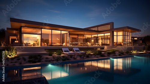 Modern Luxury Home with swimming pool at night. Panoramic view